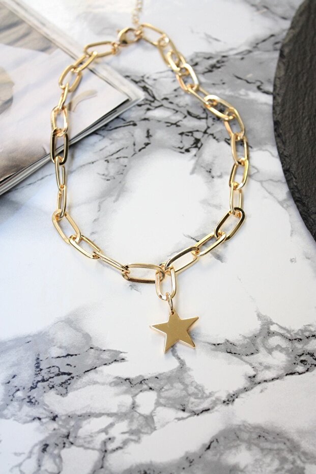 Thick Chain Single Star Necklace Gold Color