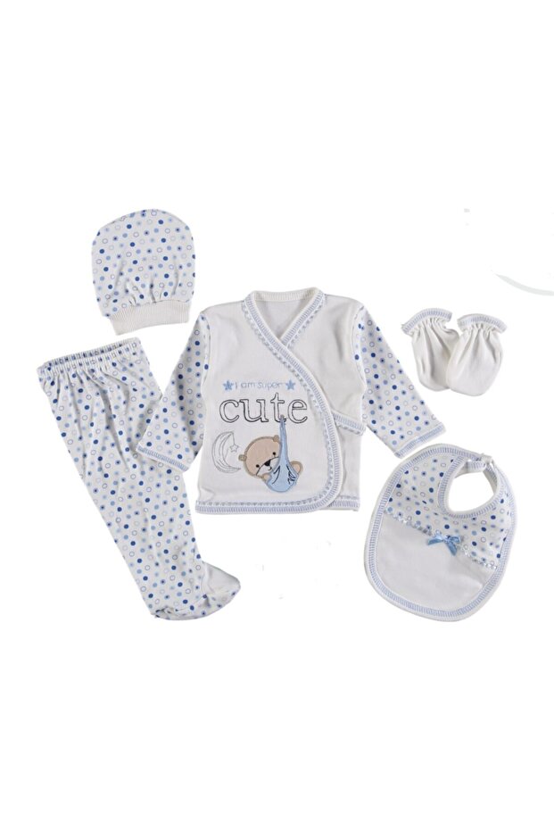 Baby Boy Blue Teddy Bear Cute Embroidered Hospital Release Set of 5