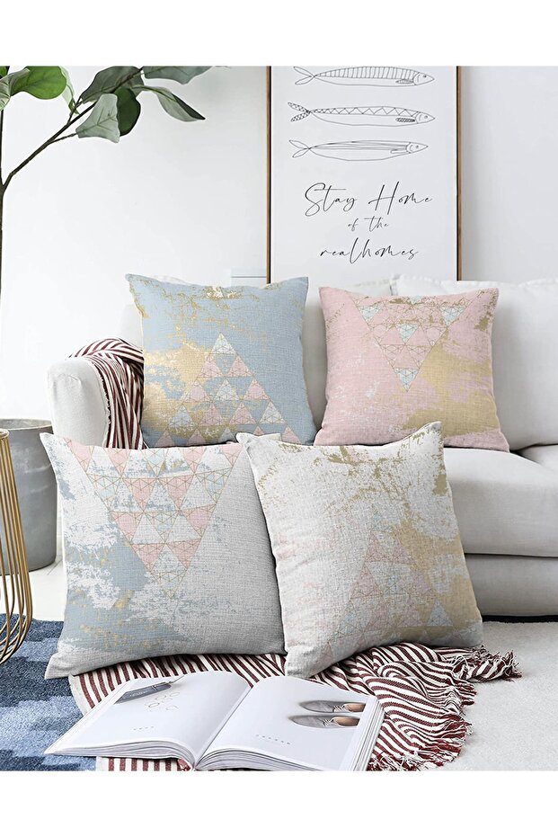 4-Piece Double Sided Colorful Modern Raschel Knitted Pillow Throw Pillow Cover Set with Geometric Drawing on the Floor