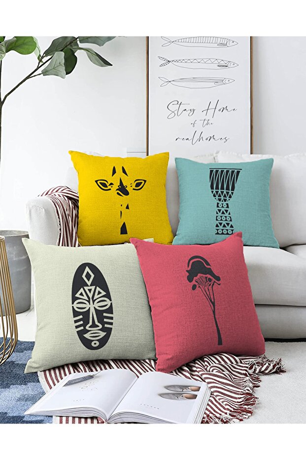 4-Piece Double Sided Colorful Onedraw Drawing On Background Modern Raschel Knitted Pillow Throw Pillow Cover Set