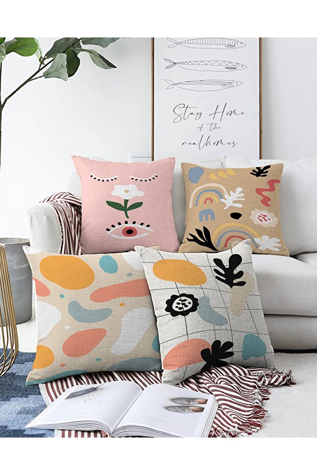 4-Piece Double Sided Colorful Onedraw Drawing On Background Modern Raschel Knitted Pillow Throw Pillow Cover Set