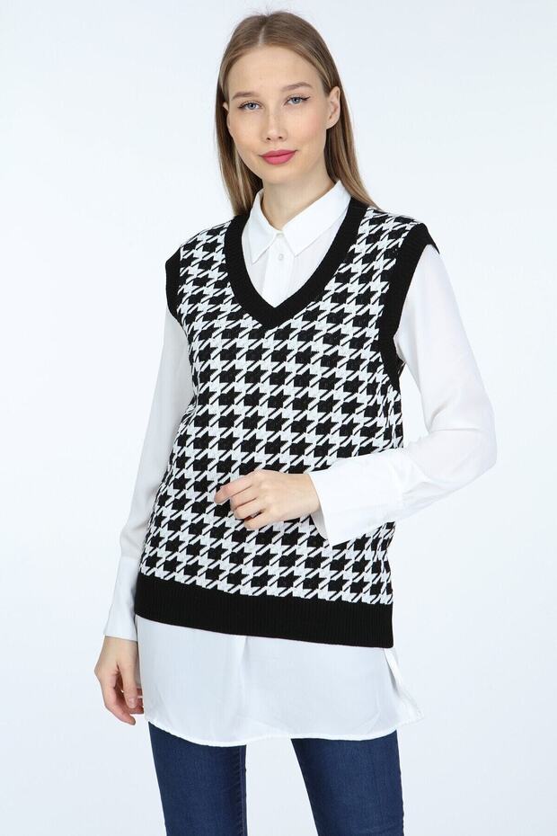 Women's Crow's Feet Patterned Black Sweater Vest