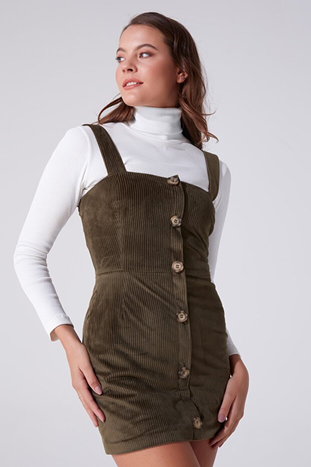 Önü Düğmeli Askılı Mini Elbise - 1