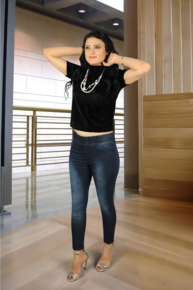 Women's High Waist Elastic Stonewashed Blue Leggings Jeans