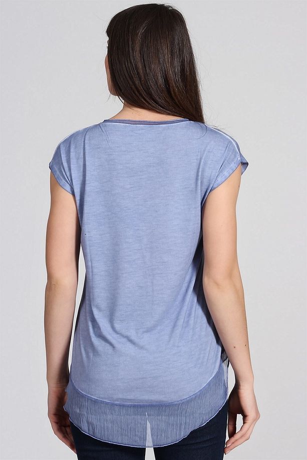 Etek Ucu Şifon Yağ Yıkamalı Tshirt-mavi - 4