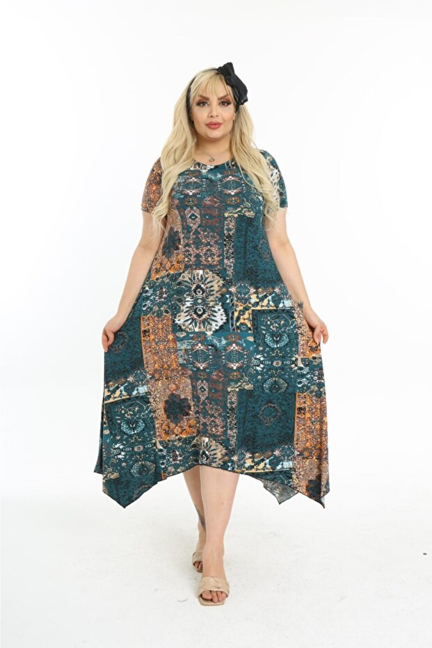 Plus Size Women's Relaxed Cut Patterned Short Sleeve Asymmetrical Viscose Combed Cotton Dress