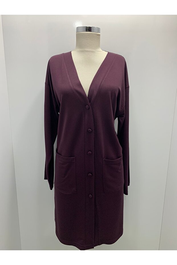 Women's Plum Long Buttoned Pocketed Mother Combed Cotton Cardigan