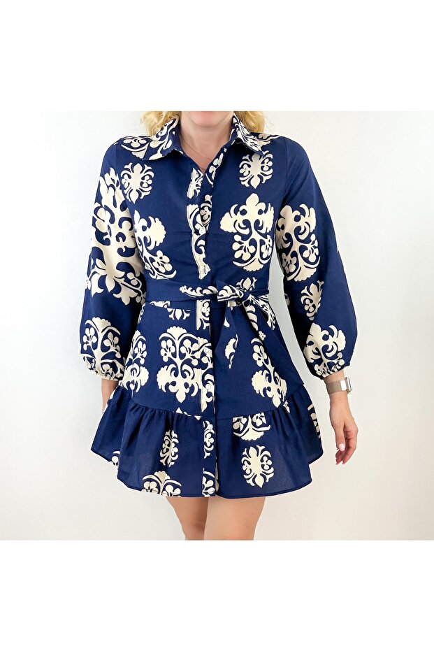 Ethnic Patterned Navy Blue Dress