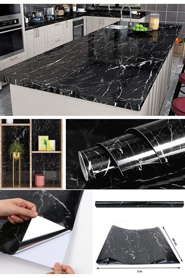 1 Meter Black Marble Patterned Kitchen Countertop Table Cabinet Fireproof Waterproof Adhesive Foil Sticker