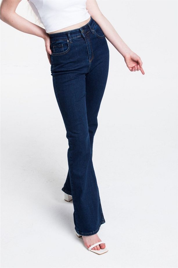 Kadın Yüksek Bel Koyu Mavi Ispanyol Paça Jeans Likralı Esnek Kot Pantolon - 4