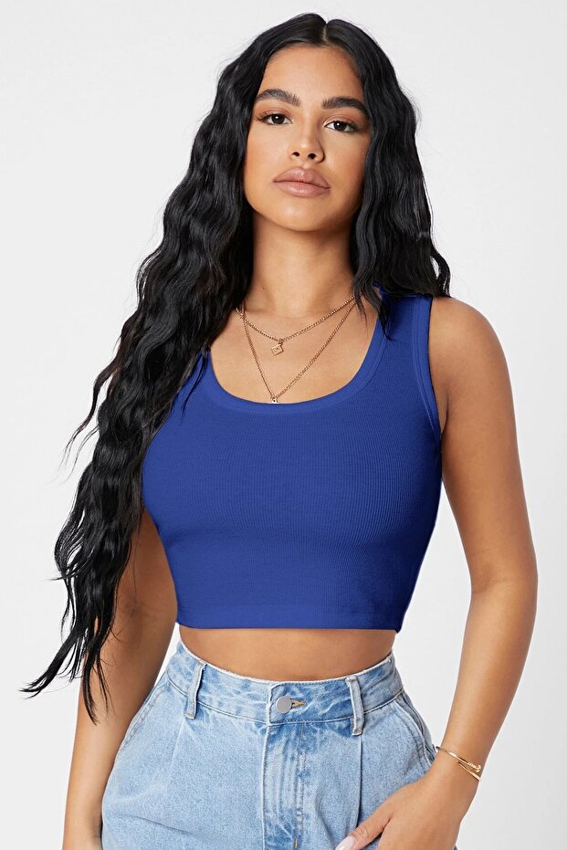 Kadın Lacivert Kare Yaka Crop Top Bluz - 1