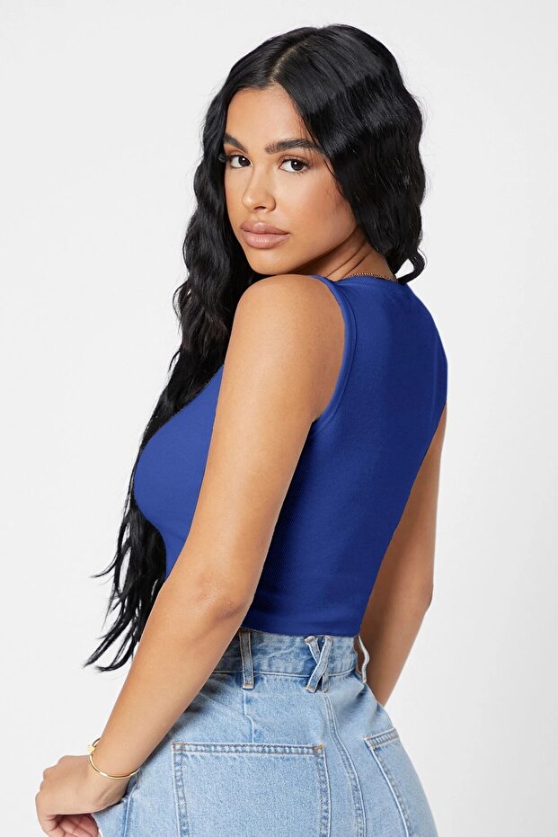 Kadın Lacivert Kare Yaka Crop Top Bluz - 2