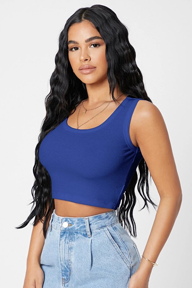 Kadın Lacivert Kare Yaka Crop Top Bluz - 4