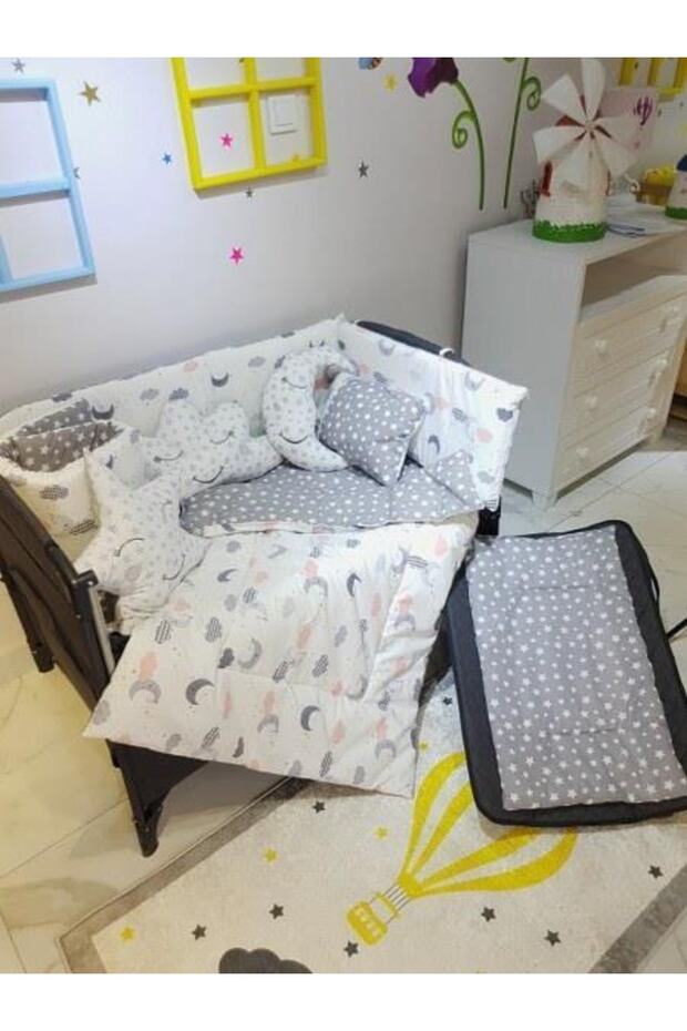 70x120 Baby Sleeping Set, Crescent and Star Pattern, 10 Pieces Compatible with Park Cribs (crib is not included)