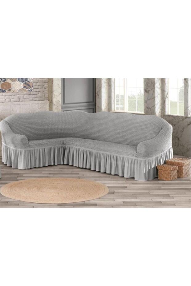 Corner Sofa Set Cover L-Shaped Sofa Set Cover Wrinkled Gray Brc-Kosatakım Sofa Cover