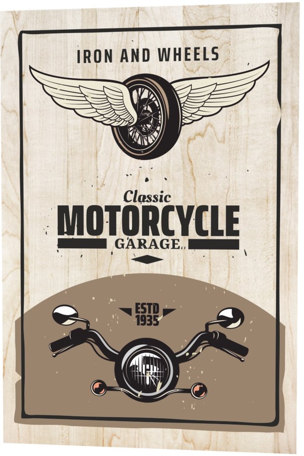 Classic Motor Garage Iron and Wheels Wood Patterned Retro Vintage Wooden Poster