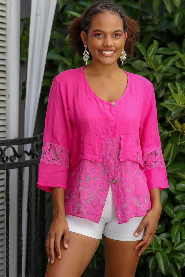 Women's Fuchsia Italian Round Neck 3/4 Sleeve Button Ruched Oversize Cotton Woven Crop Jacket - 1