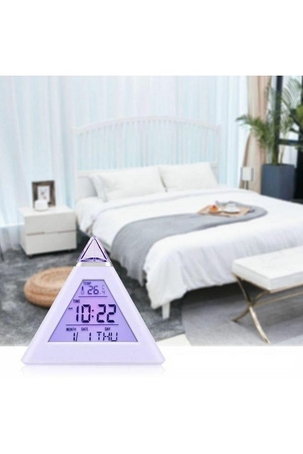 7 Renkli Piramit Şekilli Dijital Led Çalar Saat Alarm Termometre Masa Saati - 4