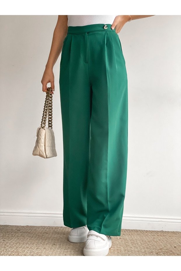 Green Palazzo Woven Fabric Pleated Trousers