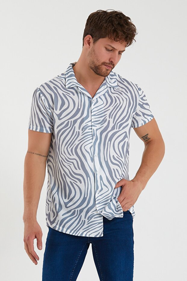 Men's Gray Short Sleeve Cotton Zebra Patterned Slim Fit Open Collar Shirt