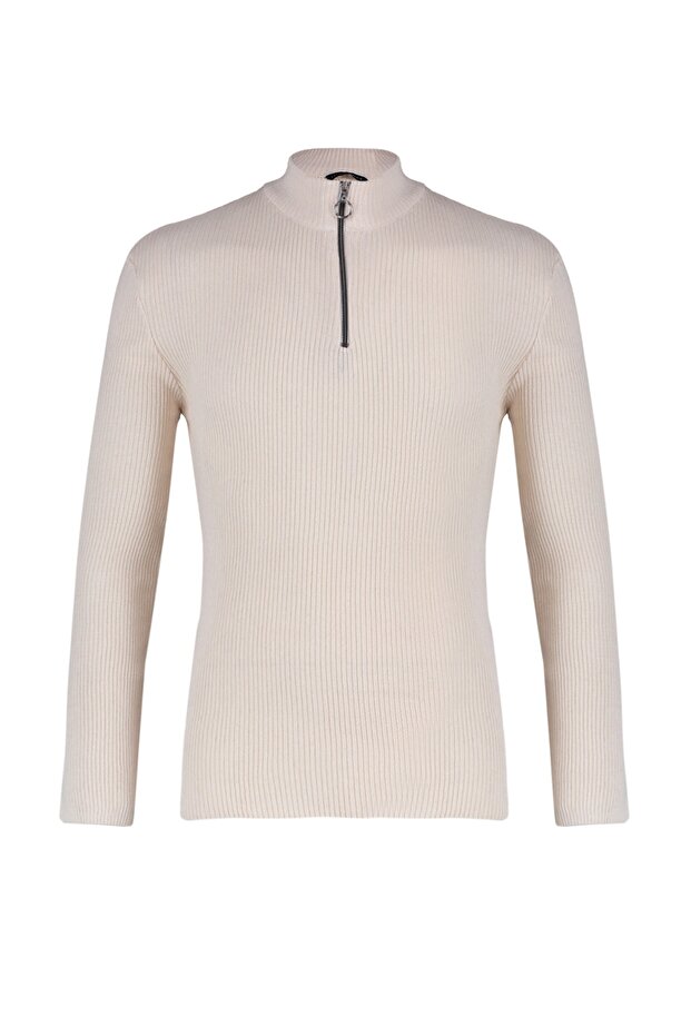 Ecrufarbener, gerippter Baumwollpullover – schmale Passform, halber Rollkragenpullover mit Reißverschluss TMNAW20KZ1034 - 6