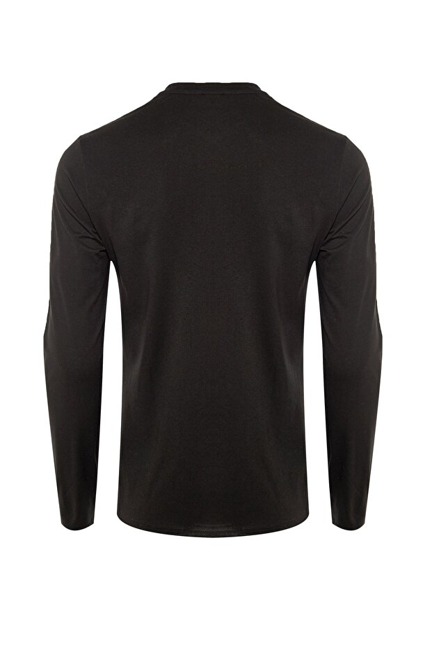 Siyah Basic Regular/Normal Kesim Bisiklet Yaka Uzun Kollu %100 Pamuk Tok Kumaş T-shirt TMNAW21TS0208 - 11