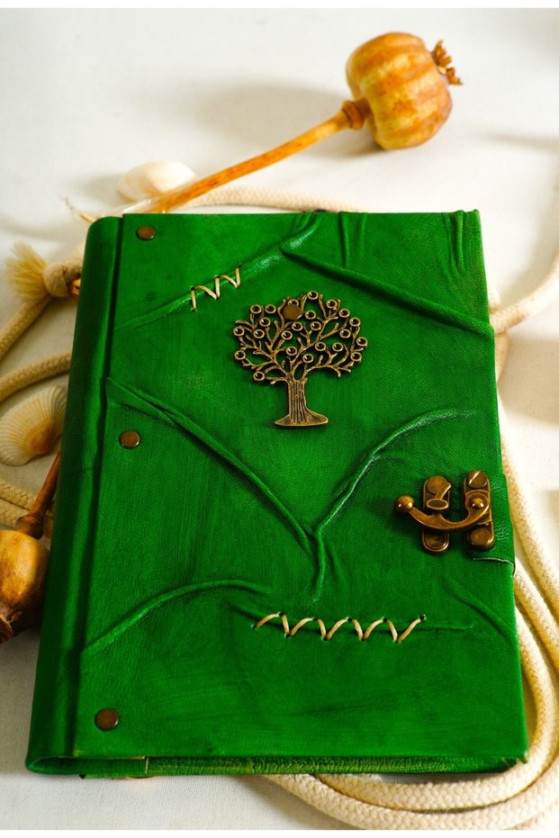 Handmade Genuine Leather Daily Scrapbook Shamua Paper Metal Tree of Life