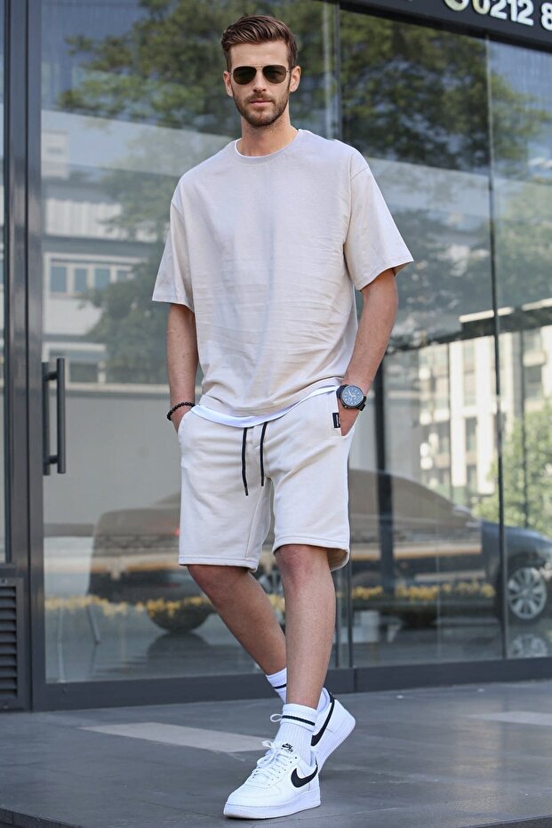 Bej Oversize Erkek Şort Takımı 5668 - 1