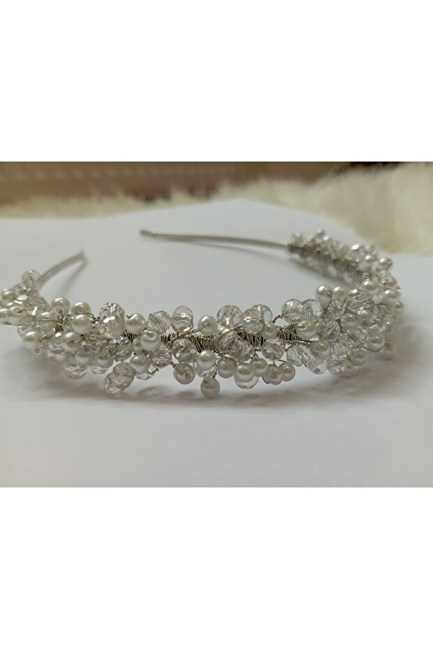 Handmade Solid Metal Crown from Transparent White Pearl Beads Bridesmaid and Bride Crown