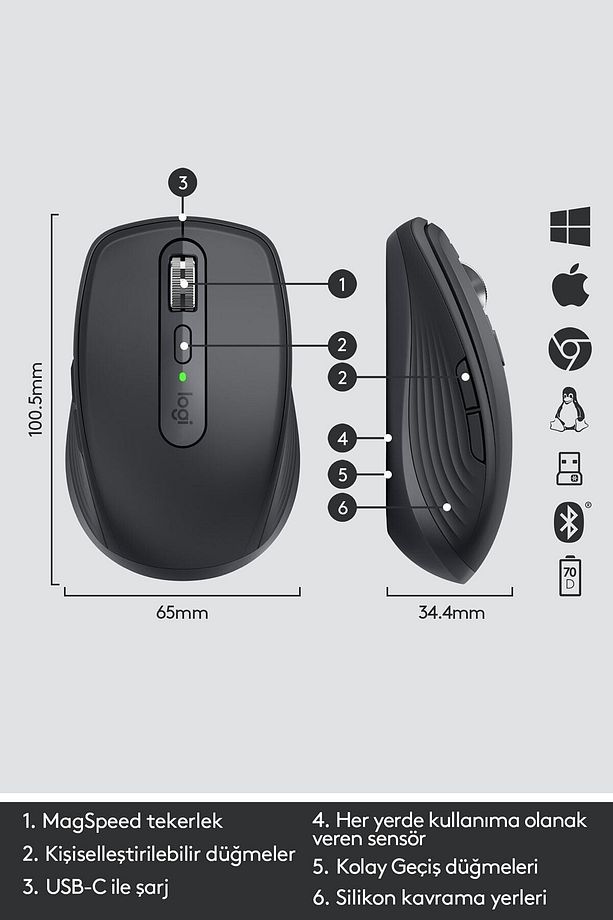 MX Anywhere 3 Kompakt Kablosuz Mouse - Siyah - 5