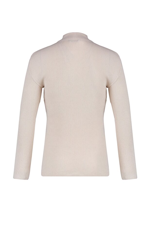 Ecrufarbener, gerippter Baumwollpullover – schmale Passform, halber Rollkragenpullover mit Reißverschluss TMNAW20KZ1034 - 8