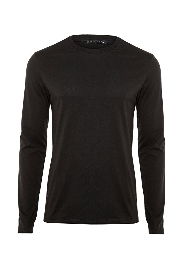Siyah Basic Regular/Normal Kesim Bisiklet Yaka Uzun Kollu %100 Pamuk Tok Kumaş T-shirt TMNAW21TS0208 - 10