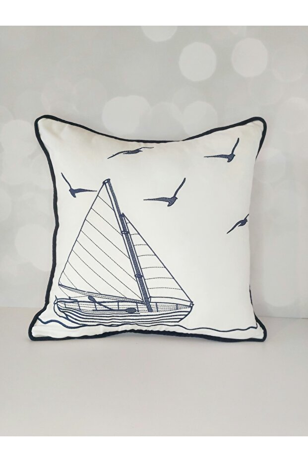 Embroidered Throw Pillow Cover Ship Model Embroidered Piping