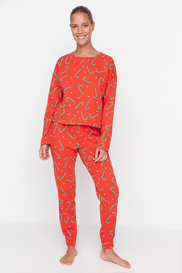 Kırmızı %100 Pamuklu Yılbaşı Temalı Örme Pijama Takımı THMAW21PT0771 - 2