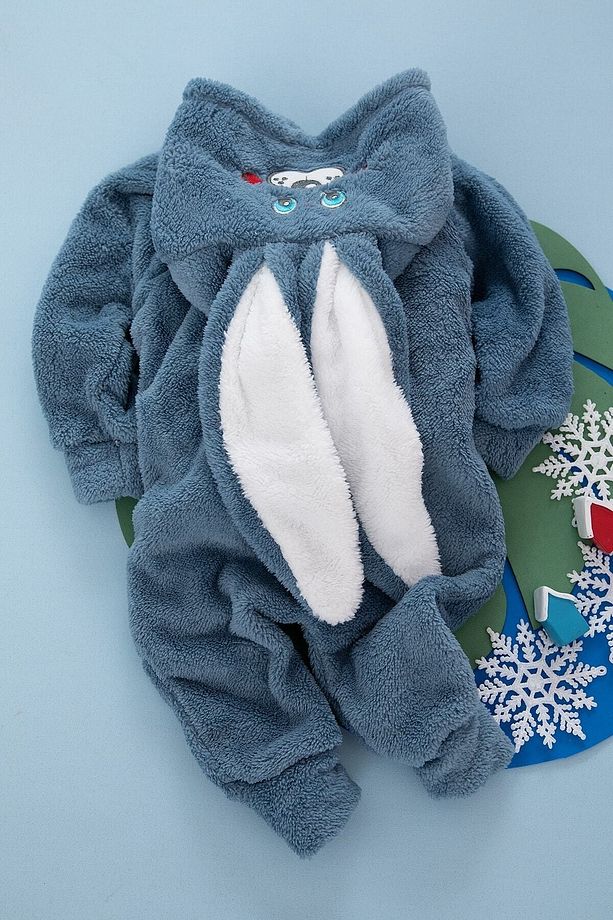 Unisex Bebek Mavi Welsoft Tavşan Kulaklı Kışlık Tulum - 5