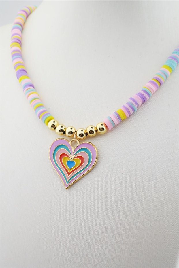 Women's Enameled Heart Figured Colorful Fumo Necklace