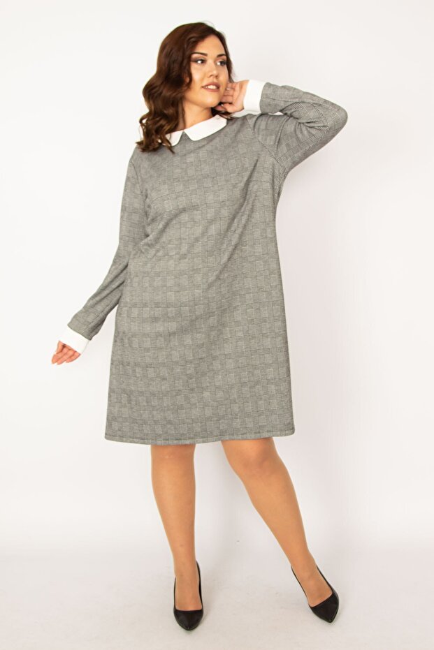 Rochie de damă cu model în carouri, de mărime mare, gri, cu guler pentru bebeluși 65n33630 - 1