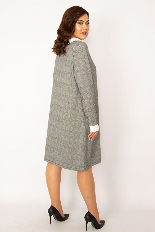 Rochie de damă cu model în carouri, de mărime mare, gri, cu guler pentru bebeluși 65n33630 - 2