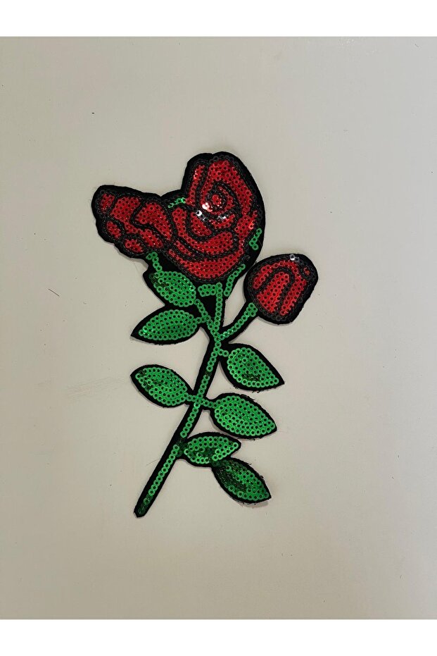 18x8 Cm Green Leaf And Rose Sequined Iron-On Applique