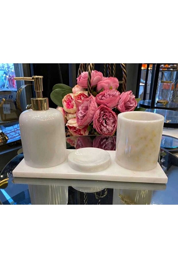 Natural White Marble Bathroom Set | 4 Pieces | Gold-silver |