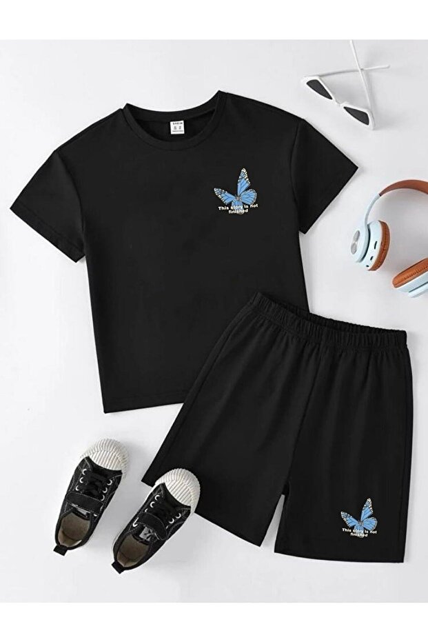 Butterfly Black Printed Girls/Boys Shorts Set