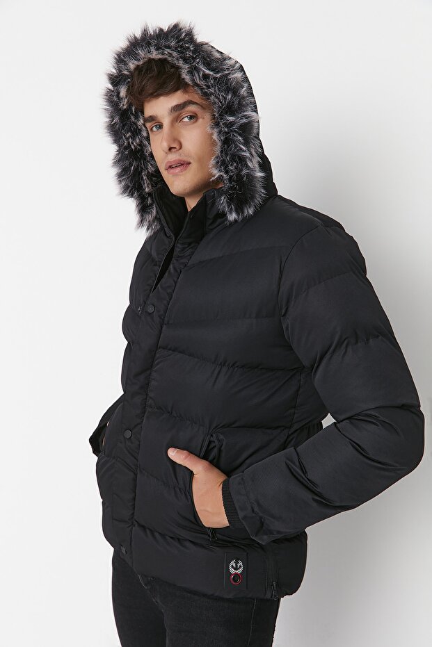 Siyah Erkek Regular Fit İçi Polar Astarlı Rüzgara ve Suya Dayanıklı Kışlık Şişme Mont TMNAW23MO00009 - 3
