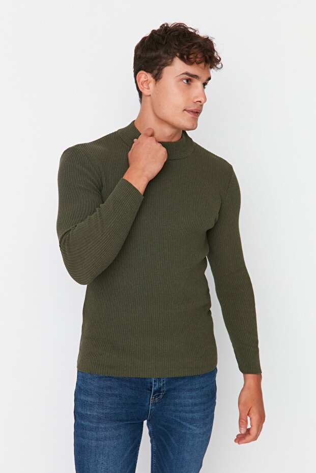 Haki Fitted Pamuklu Dar Kalıp Yarım Balıkçı Yaka Fitilli Triko Kazak TMNAW21KZ0568 - 2