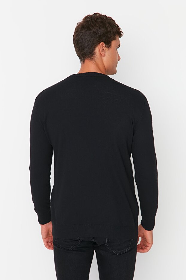 Siyah Slim Fit Pamuklu V Yaka Düğmeli Hırka TMNAW21HI0274 - 5