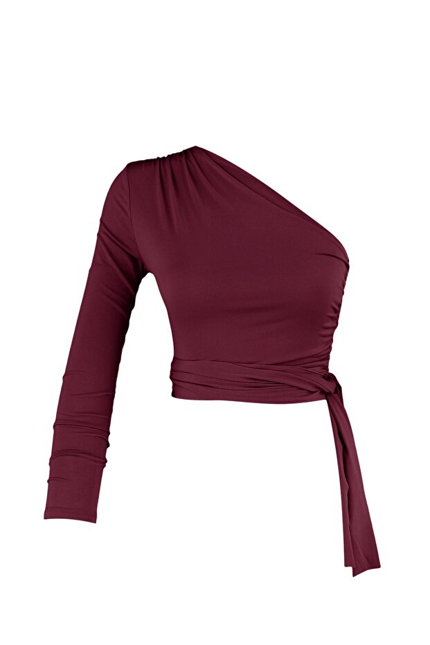 Bordo Fitted/Vücuda Oturan Bağlama Detaylı Tek Kol Crop Esnek Örme Bluz TWOAW23BZ00094 - 7