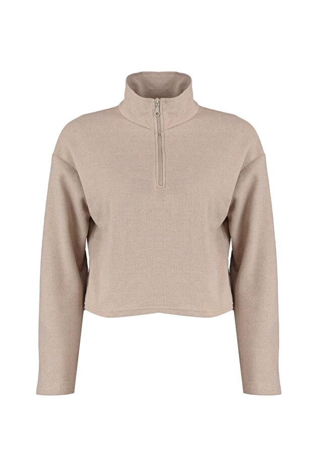 Bej Selanik/Triko Görünümlü Fermuarlı Yaka Regular/Normal Kalıp Örme Sweatshirt TWOAW22SW0732 - 10