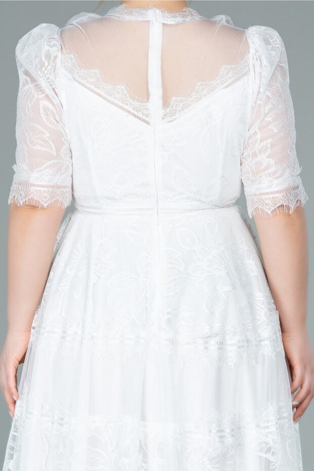 Ekru Kısa Kol Midi Dantel Büyük Beden Abiye Abk1396 - 4