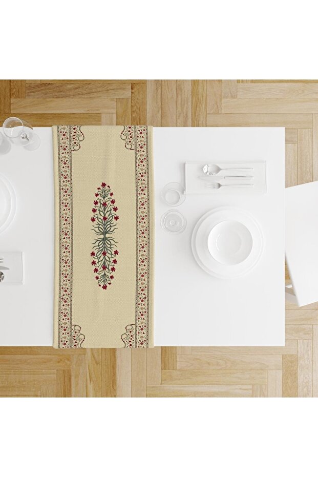 Red Tulip Runner 140x45cm (Tulip Pattern, Thin Linen, International Washing and Fading Certificate)