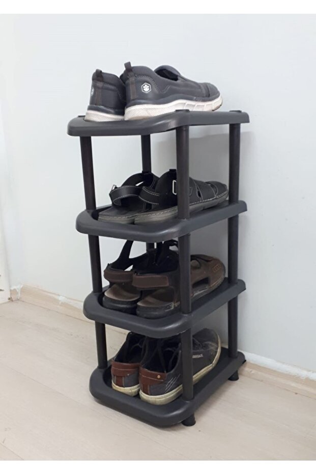 4 Katlı Siyah Plastik Midi Boy Tekli Ayakkabılık - Ayakkabı Çekeceği Hediyeli - 6