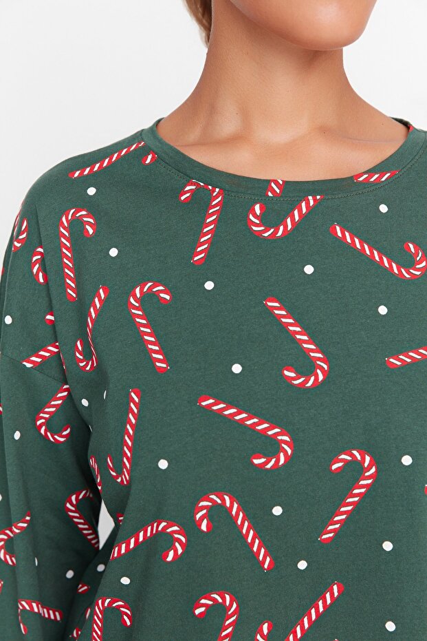 Yeşil %100 Pamuklu Yılbaşı Temalı Örme Pijama Takımı THMAW21PT0771 - 2